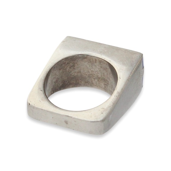 Vintage Blue Stripe Silver Ring Size 5.5 Modernist Chunky Rectangle Inlay Band - Picture 5 of 6